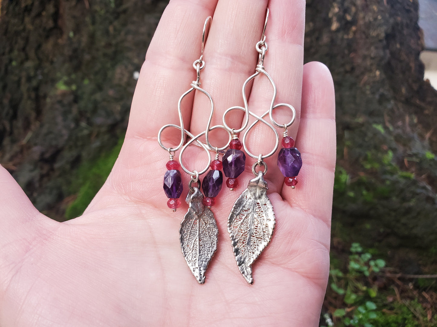Cailly - Amethyst and Garnet Sterling Silver Earrings with Silver Plated Leaves.