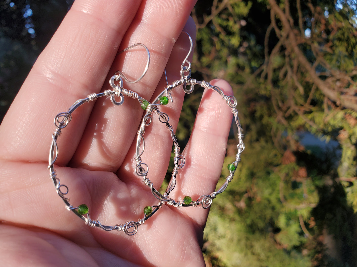 Silver Vine Earrings with Green Chrome Diopside