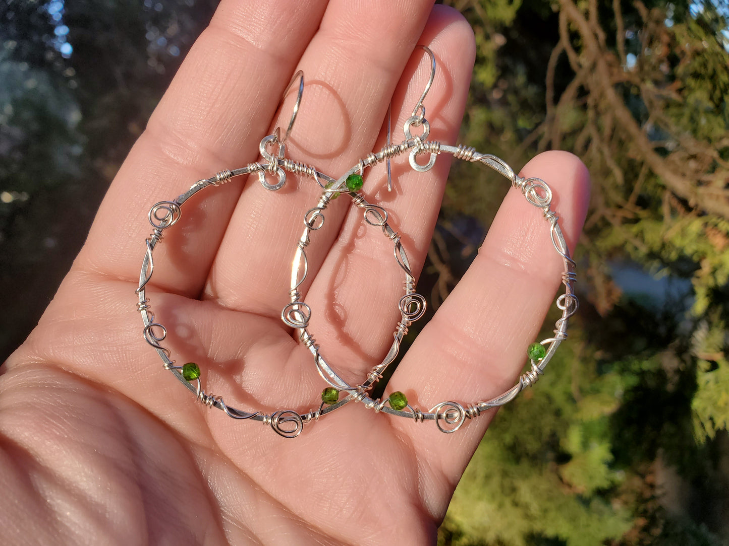Silver Vine Earrings with Green Chrome Diopside