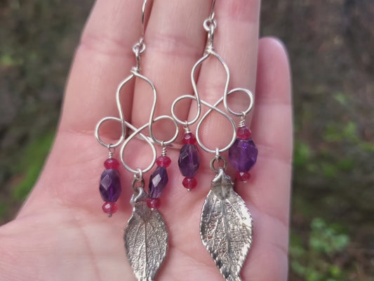 Cailly - Amethyst and Garnet Sterling Silver Earrings with Silver Plated Leaves.