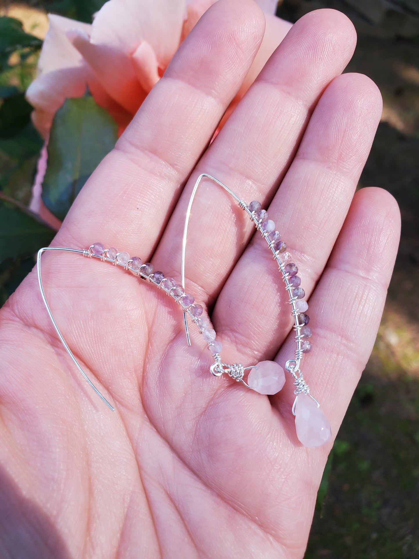 Amethyst and Rose Quartz Earrings - Elegant Handmade 925 Sterling Silver Earrings with Amethyst and Rose Quartz