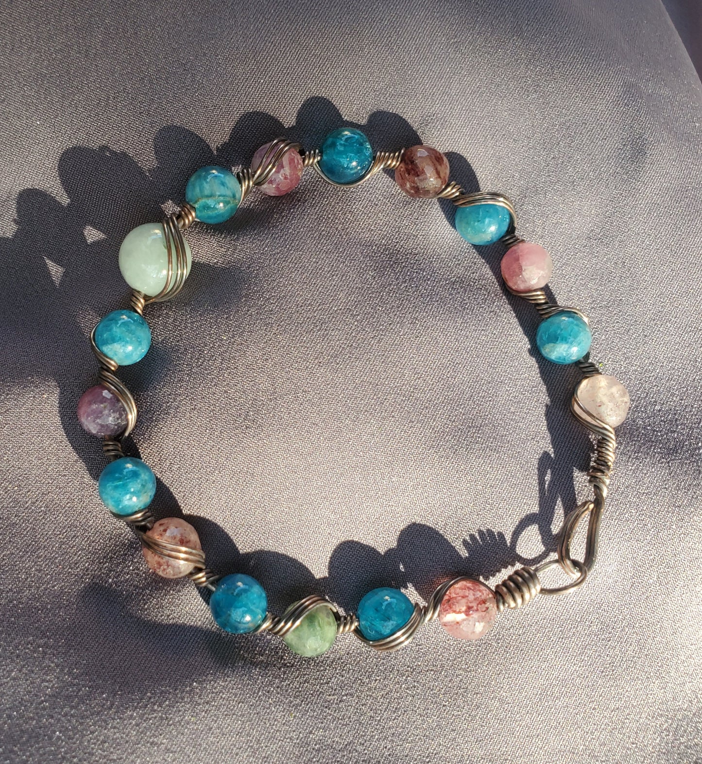 Copper wire wrapped bracelet - Aquamarine, Apatite, Tourmaline, Strawberry Quartz