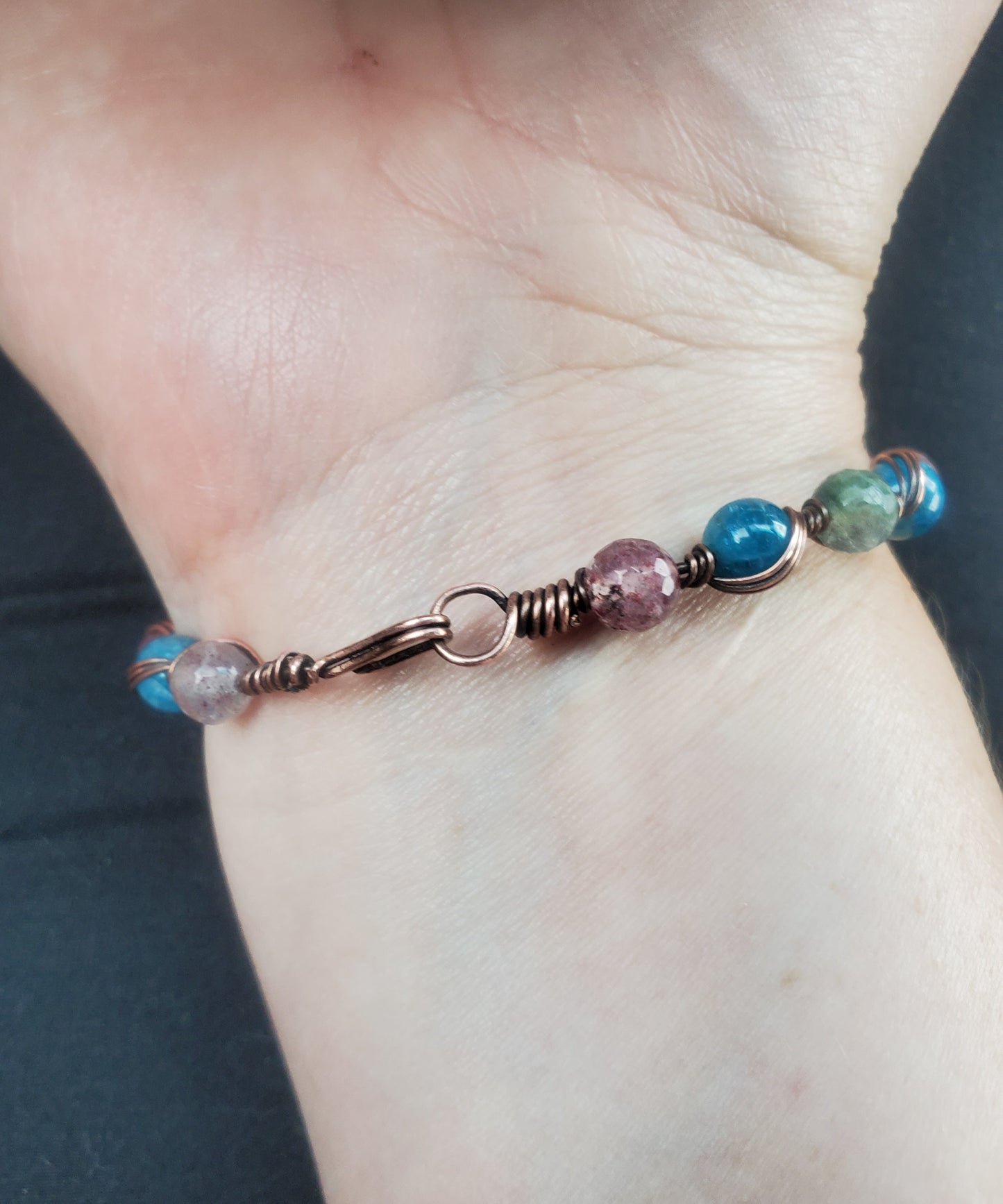 Copper wire wrapped bracelet - Aquamarine, Apatite, Tourmaline, Strawberry Quartz