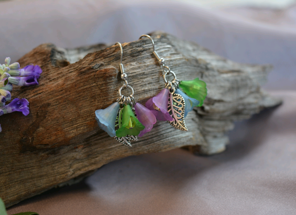 Flower Fairy Earrings - Green, purple, and blue