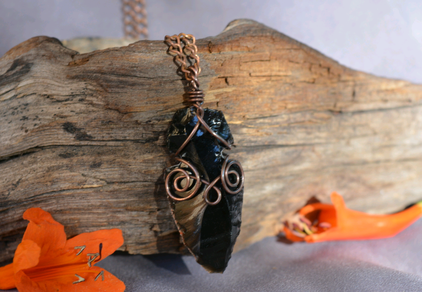 Fancy Copper Obsidian Arrowhead Pendant