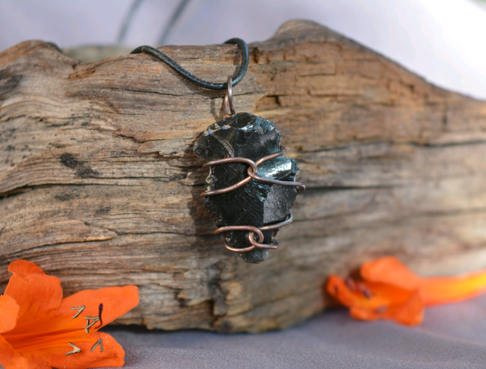 Copper Obsidian Arrowhead Pendant