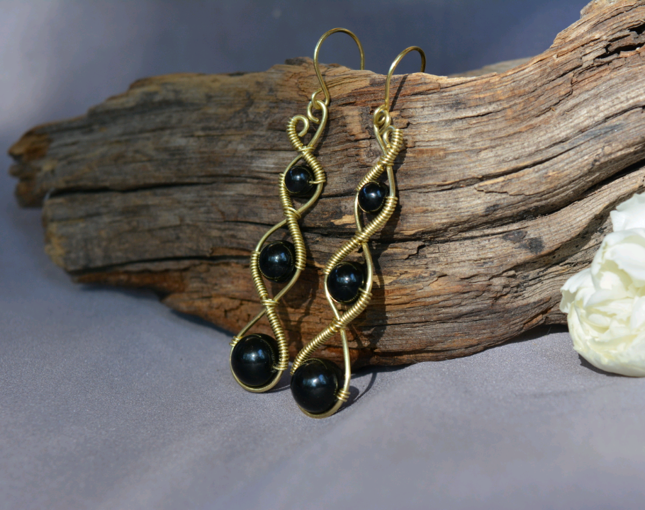 Three Tier Earrings in Brass - Obsidian
