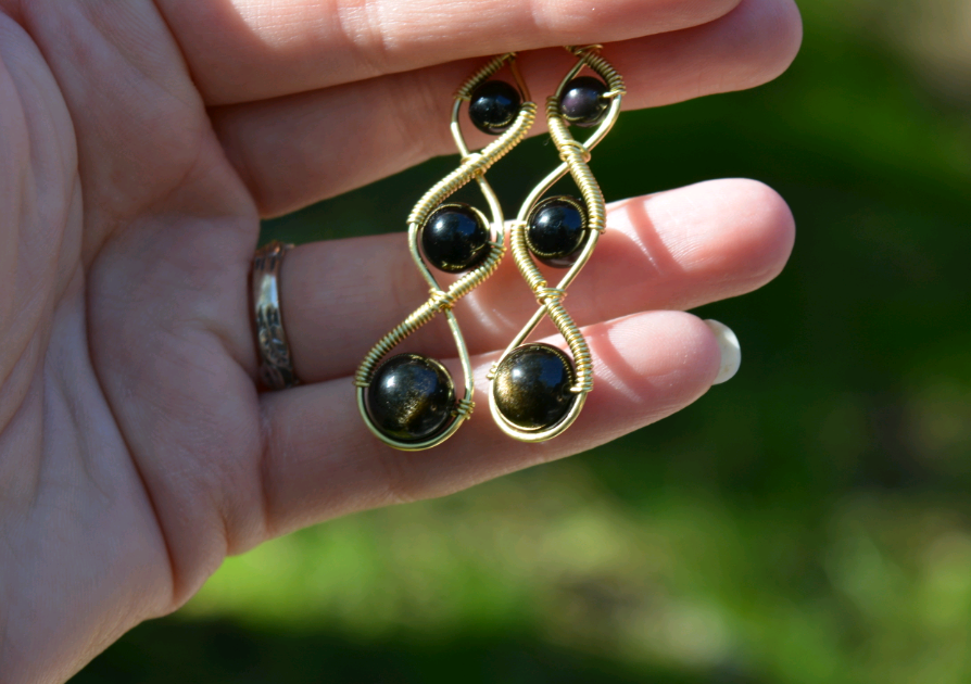 Three Tier Earrings in Brass - Obsidian