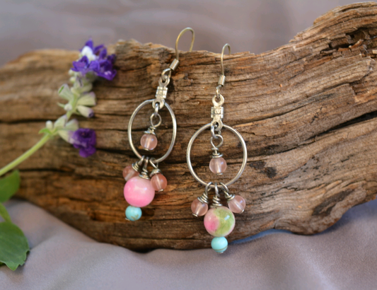 Rose Quartz, Blue-Dyed Howlite, and Persian Jade Earrings