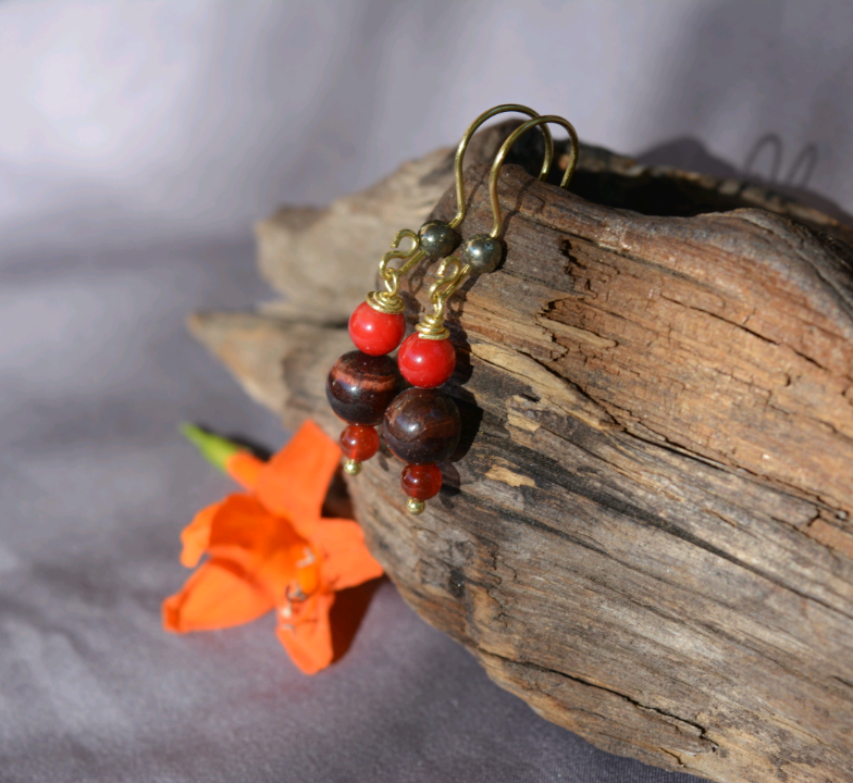 Red Lady Earrings - Red Tigers Eye, Carnelian, Coral