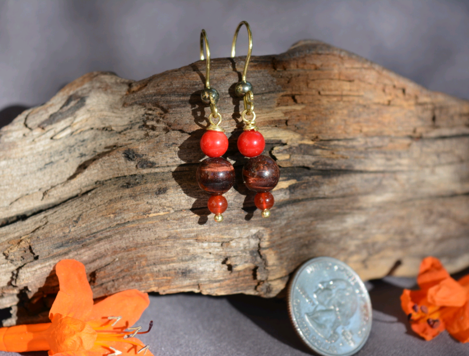 Red Lady Earrings - Red Tigers Eye, Carnelian, Coral