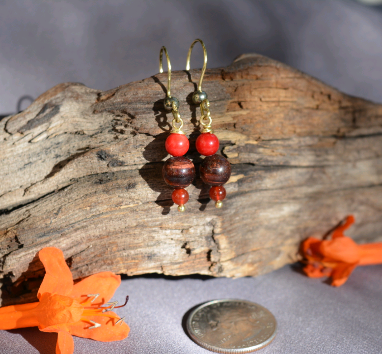 Red Lady Earrings - Red Tigers Eye, Carnelian, Coral